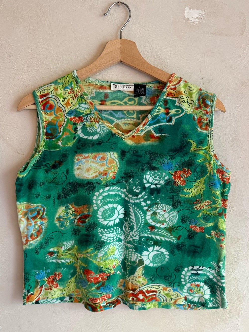 Vintage Bellessa | Y2K | Green Paisley Tapestry Print Tank Top | 100% Cotton | L